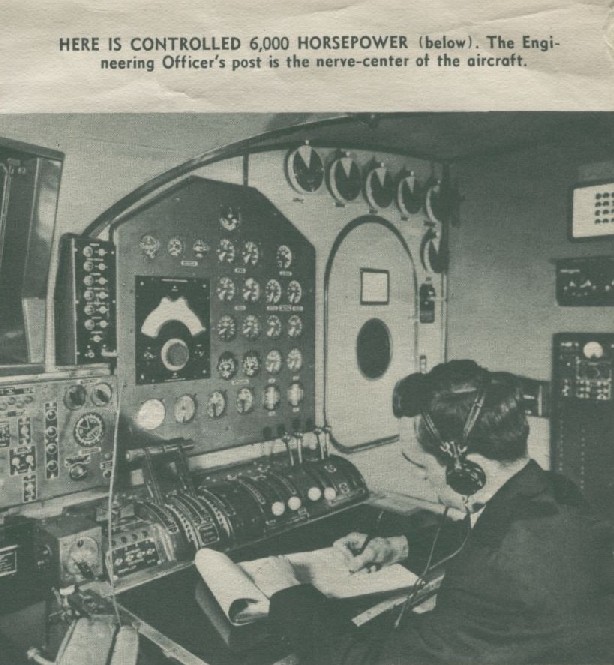 1940 Boeing B314 Flight Engineer at instrument panel.  The hatchway to the right of the panel leads out to the right wing for engine maintenance in-flight if needed.